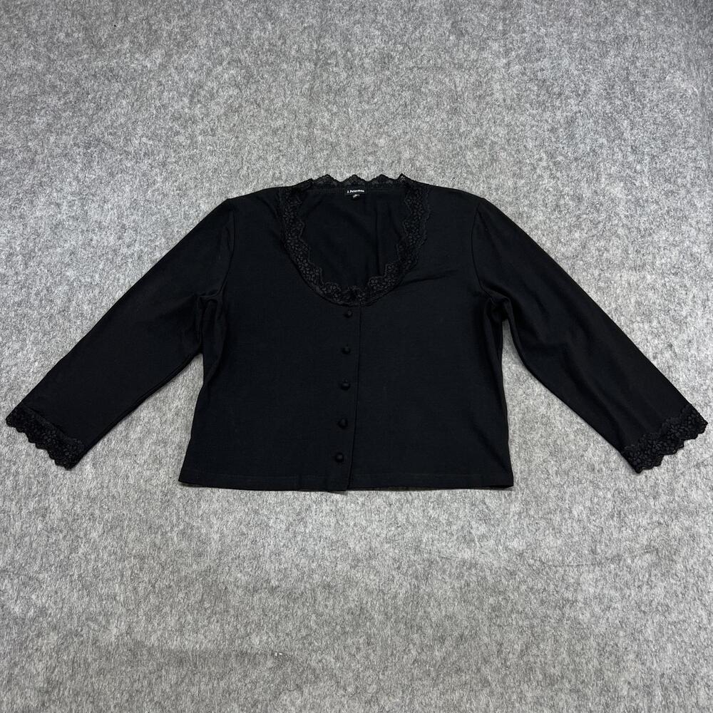 J Peterman Shirt Womens M Black Lace Trim Button Front Scoop Neck Stretch Top